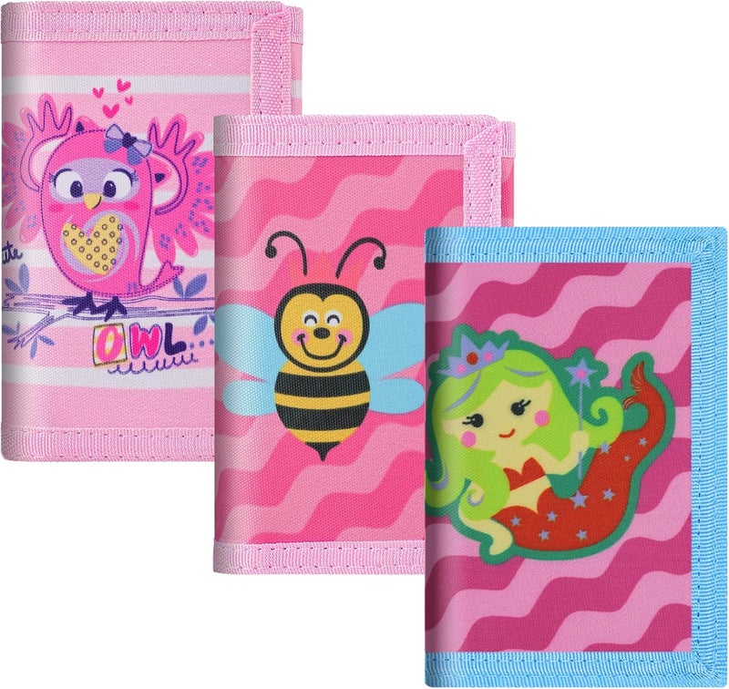 Sundee RFID Blocking Wallet,3 Packs Kids Wallet Bulk,Mini Trifold Coin Purse Cartoon Wallet,Front Pocket Wallet with Zipper for Kids,Canvas Outdoor Sports Wallets with Magic Sticker - Pink Cart - Image 1